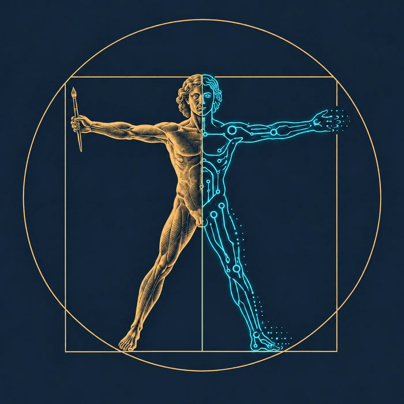 Vitruvian figure, the left half drawn in gold with a paintbrush, the right half built from glowing cyan circuits